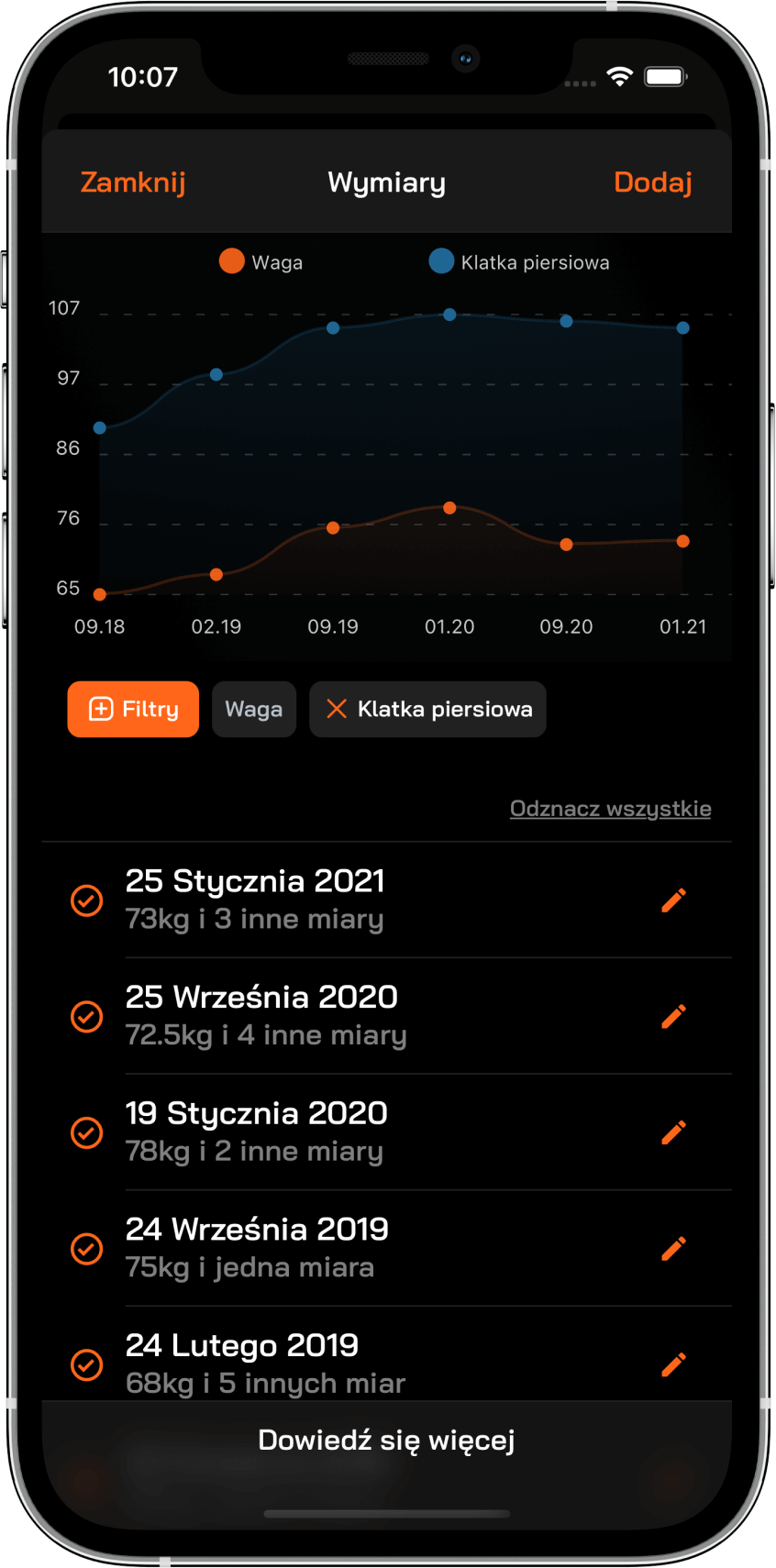 Body measurements chart screenshot