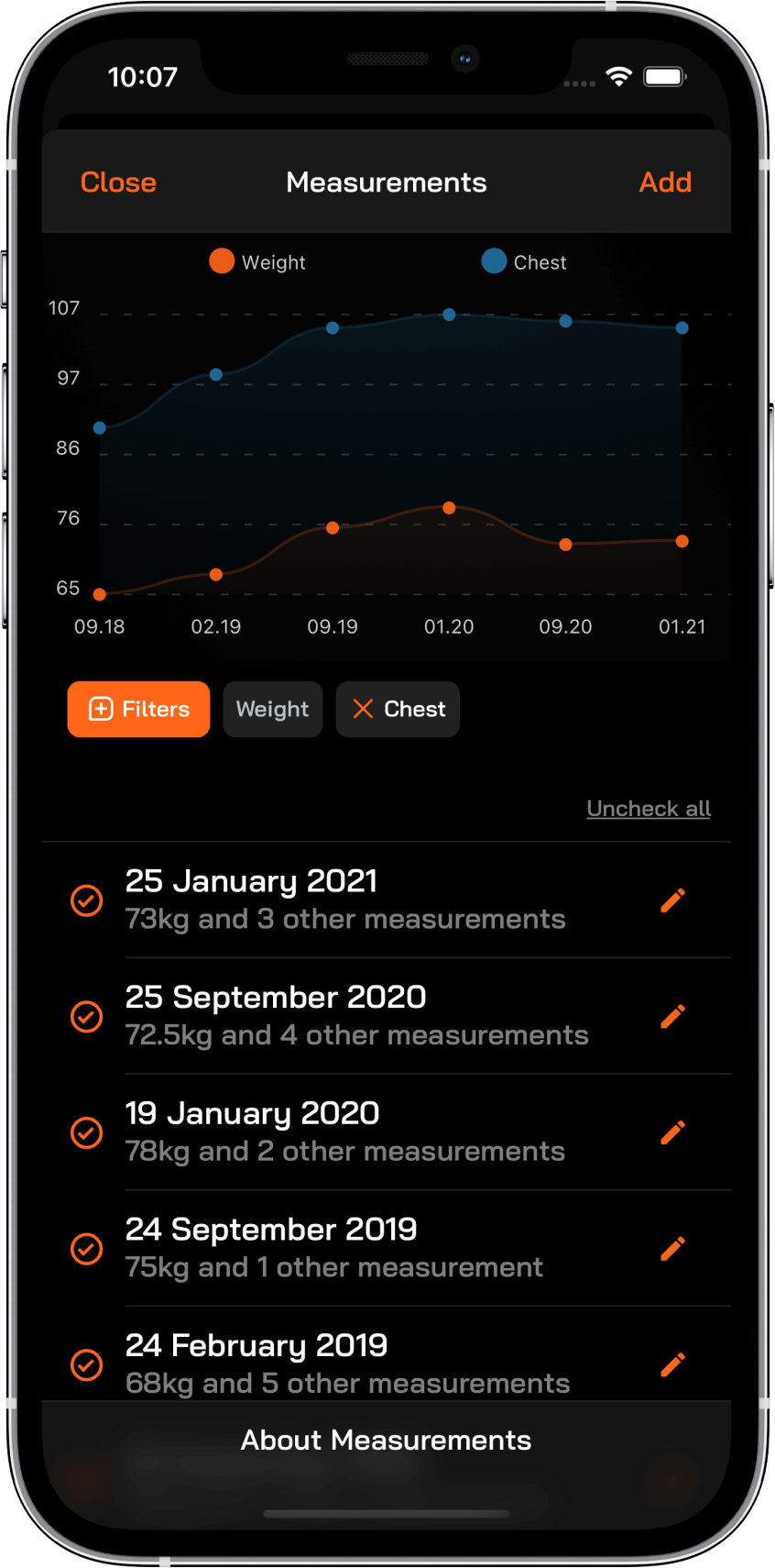 Body measurements chart screenshot