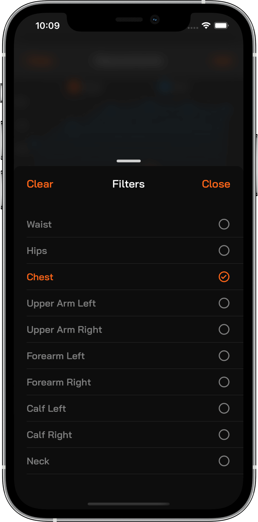 Body measurements list screenshot