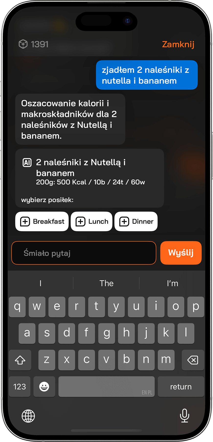 MateGPT with calculated meal screenshot