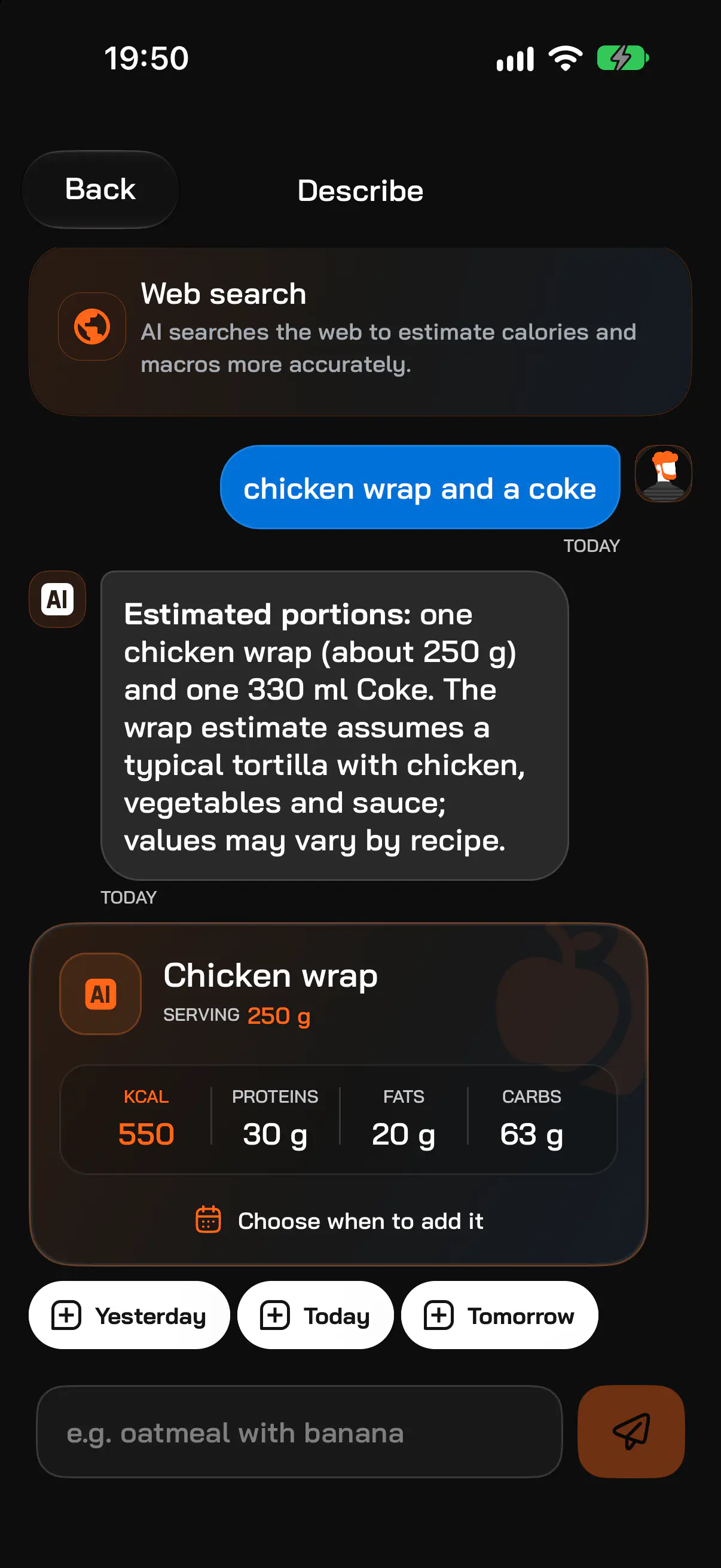 Chat: chicken wrap and a coke, estimated at 550 kcal