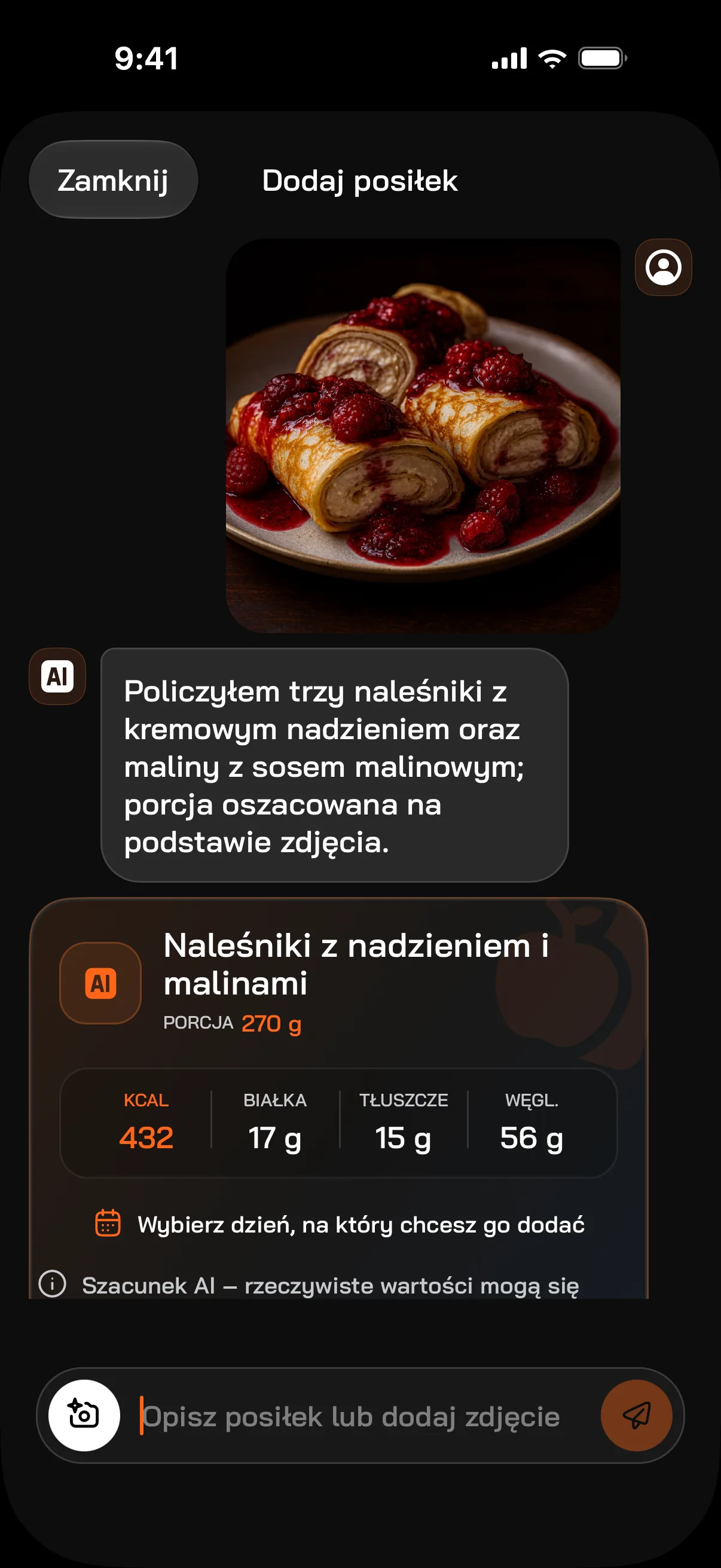 FitMate.co: zdjęcie naleśników z malinami policzone przez AI — porcja 270 g, 432 kcal, 17 g białka, 15 g tłuszczu, 56 g węglowodanów