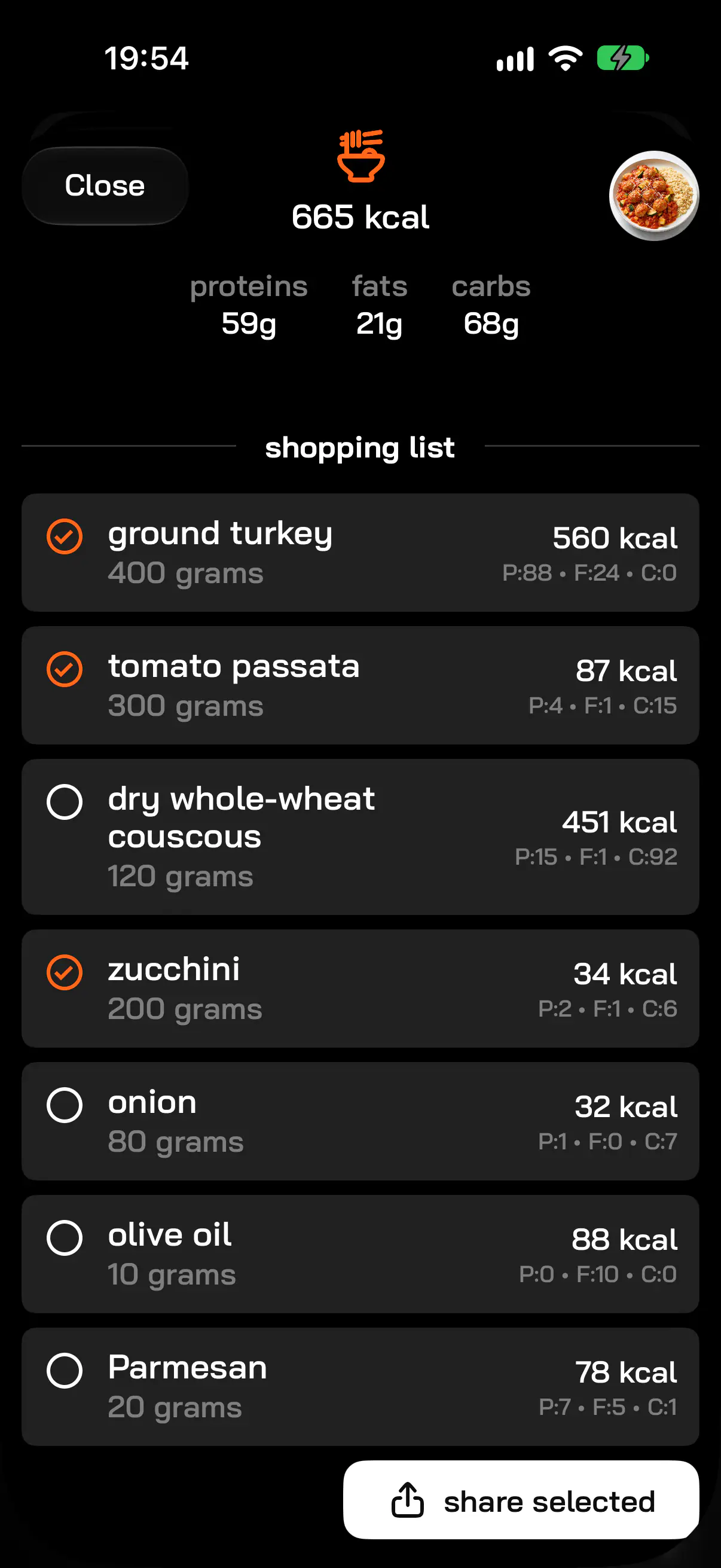 Shopping list for the recipe