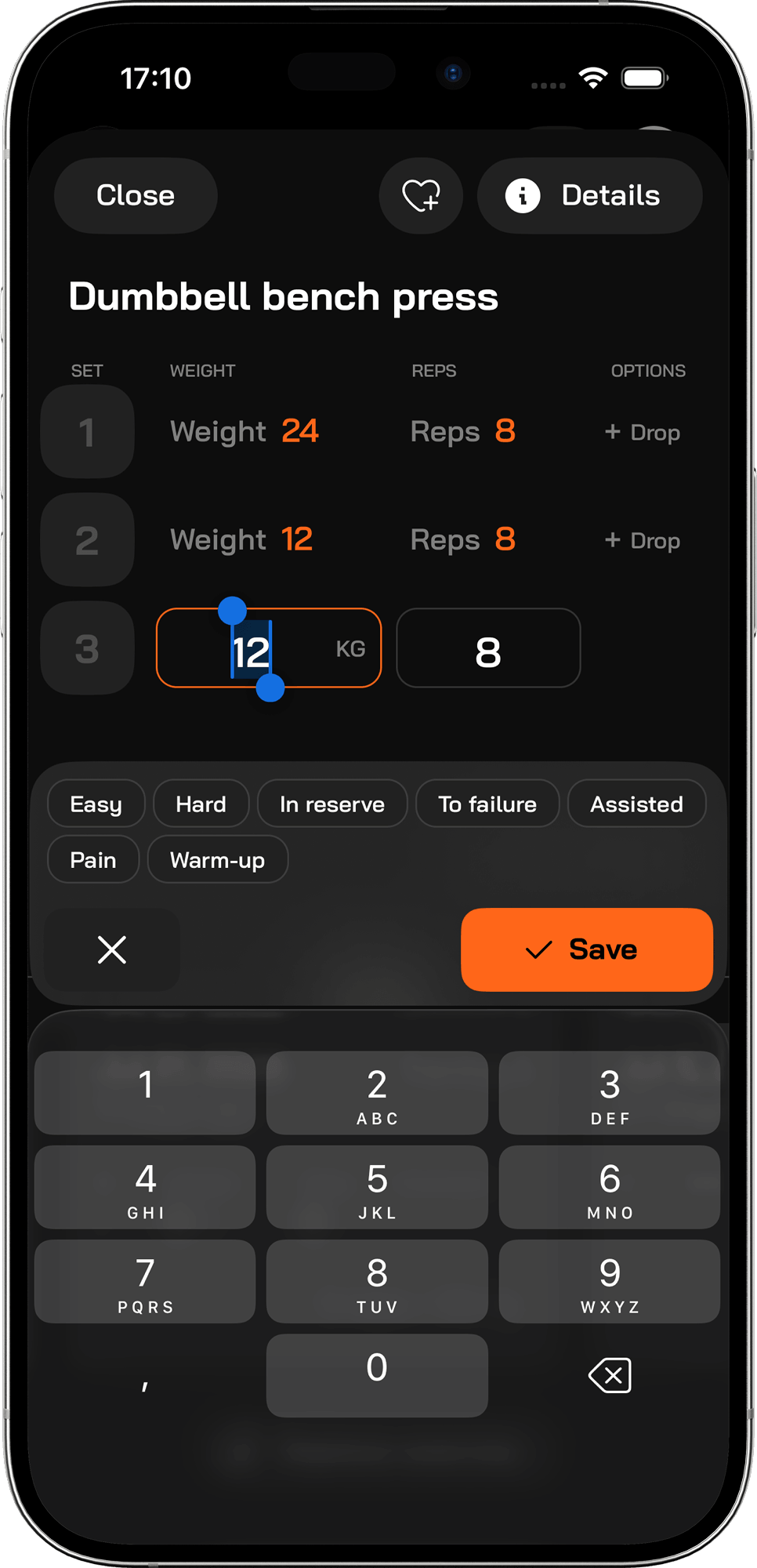 Adding a workout set in FitMate